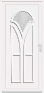 White door with ornate curved arched glazing.