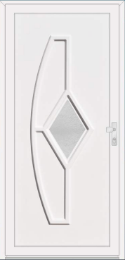 White door with a curved frame around a central diamond glass panel.