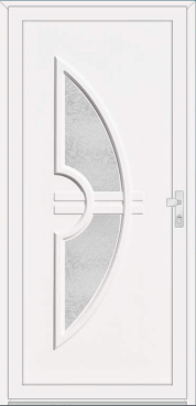 White door with a large curved half-moon textured-glass panel.