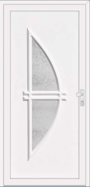 White door with two large curved textured-glass panels.