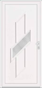 White door with a diagonal textured-glass band.