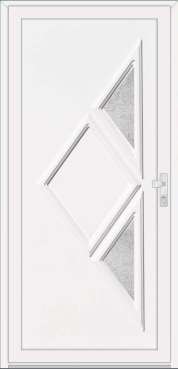 White door with a large diamond panel and triangular textured glazing.