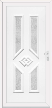 White door with four textured-glass panels and a central diamond motif.