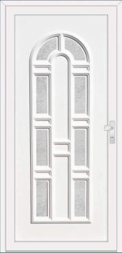 White door with ornate arched multi-panel textured glazing.
