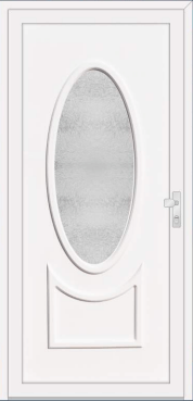 White door with a large oval textured-glass panel.