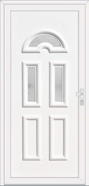 White door with a semicircular top panel and four lower panels.