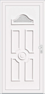 White door with a semicircular textured-glass panel and round centre detail.
