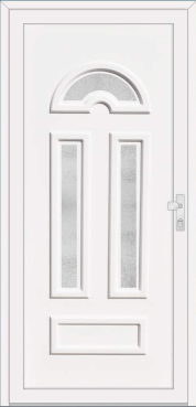 White door with a semicircular top panel, two vertical glass panels, and a lower horizontal panel.