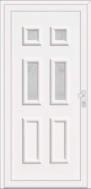White door with six rectangular panels, including four textured-glass panels.