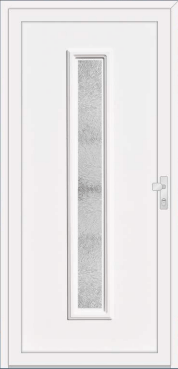 White door with a slim vertical textured-glass insert.