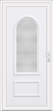 White door with a tall arched textured-glass panel and lower panel.