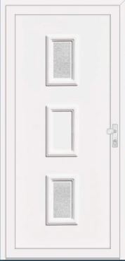 White door with three stacked panels, including two textured-glass panels.