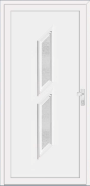 White door with two slim slanted textured-glass panels.