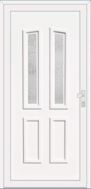 White door with two upper textured-glass panels and two lower solid panels.