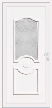 White door with a textured-glass panel and wave-shaped top edge.