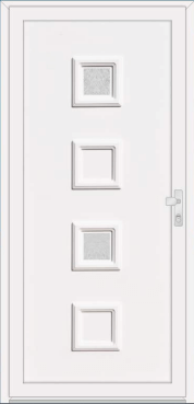 White entrance door with four small inset windows.