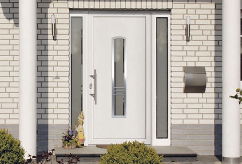 White entrance door with a narrow vertical glass panel and sidelights.