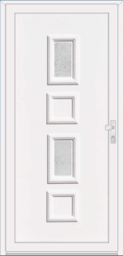 White entrance door with alternating tall textured-glass and solid panels.