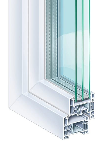 White window corner profile with multiple glass panes and a visible section cutaway.