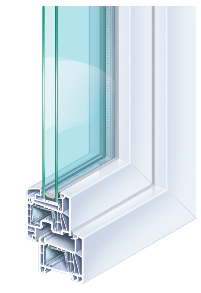 White window frame cross-section with layered glazing and profile chambers.