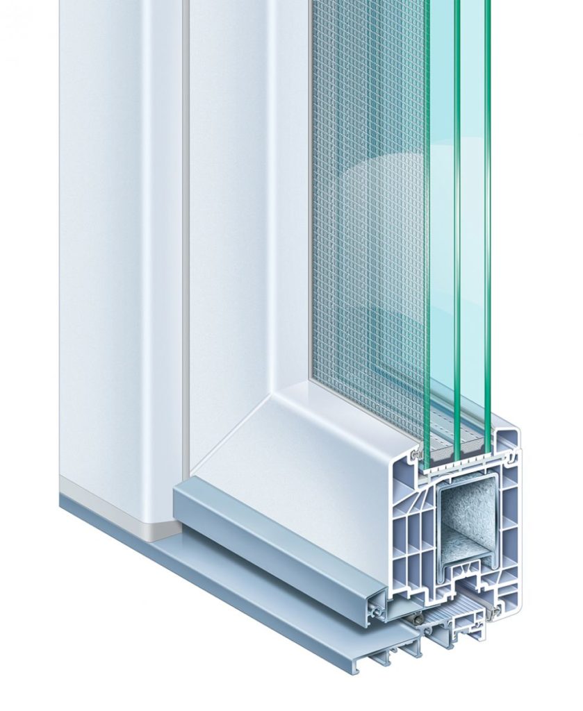White window profile with mesh-like patterned glazing.
