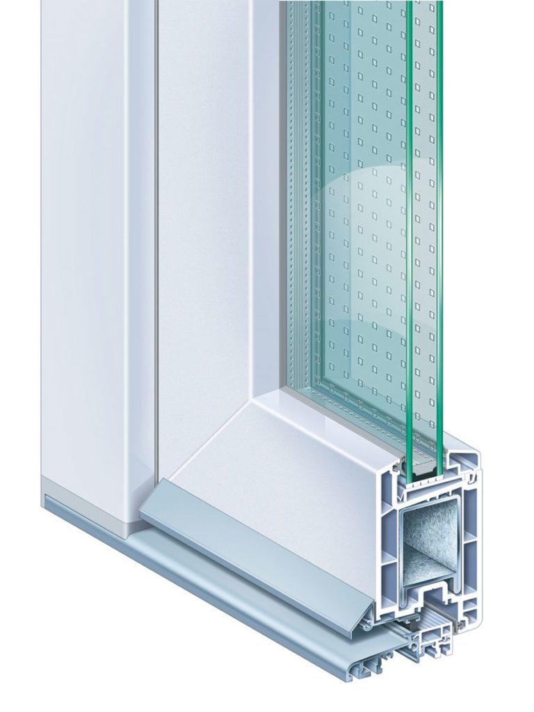 White window profile with dotted patterned glazing in a cutaway view.