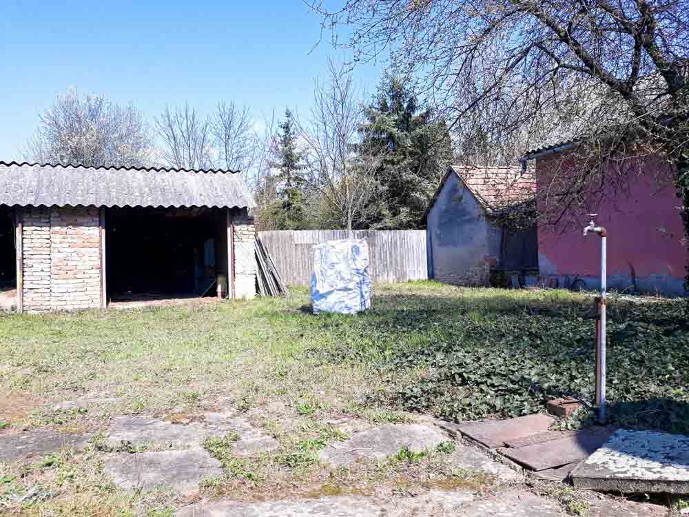 A mown grassy yard extends across the foreground toward an open shed with a corrugated roof on the left. A wooden fence and a small dark-roofed outbuilding stand in the middle distance. A pink-walled building, leafless branches, a vertical water pipe, and paved slabs are visible on the right.