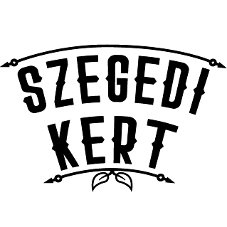 The image shows a black logo centered on a white background. The upper word reads SZEGED in large curved block letters. The lower word reads KERT, with curved line ornaments and a small leaf-like mark beneath it.
