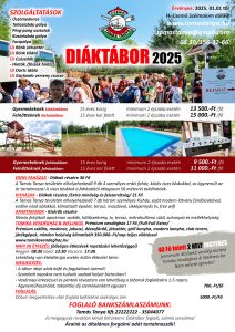 A fejlécben „DIÁKTÁBOR 2025” olvasható. alul tábori szállás- és részvételi díjak szerepelnek.