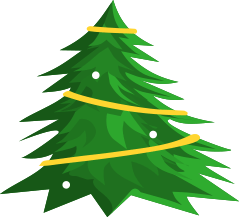 A fenyőn sárga girland, fehér gömbdíszek és zöld ágak láthatók.