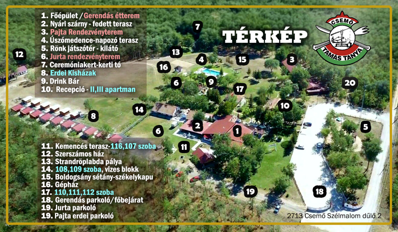 A légi fotó számozott jelölésekkel mutatja az éttermet, apartmanokat, kisházakat, medencét és parkolókat.