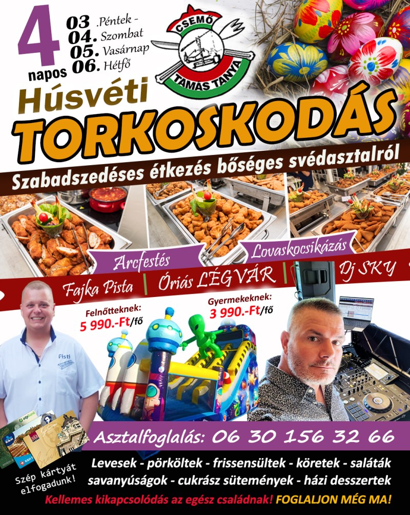A plakáton „4 nap” és húsvéti torkoskodás, ételfotók és eseménydátumok láthatók.