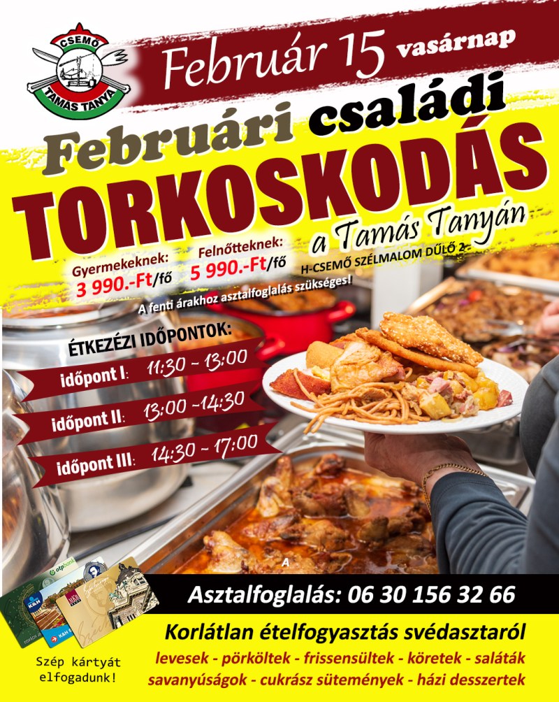 A plakáton a február 15-i dátum, torkoskodási árak és ételfotók olvashatók.