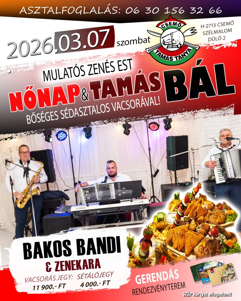 A plakáton a „Nőnapi Tamás Bál” cím, 2026. március 7-i dátum és zenekari fotó látható.