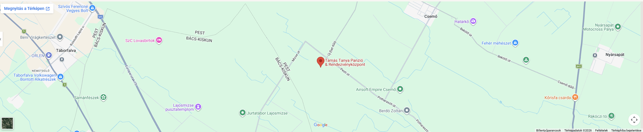 A térképen a „Tamás Tanya Panzió & Rendezvényközpont” feliratú piros helyjelölő Csemő környékén látható.