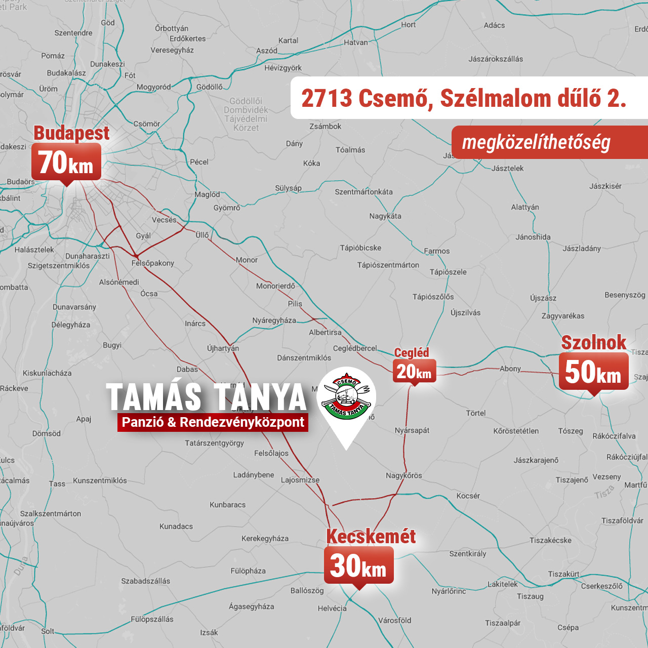 A Tamás Tanya megközelíthetőségét bemutató térkép.