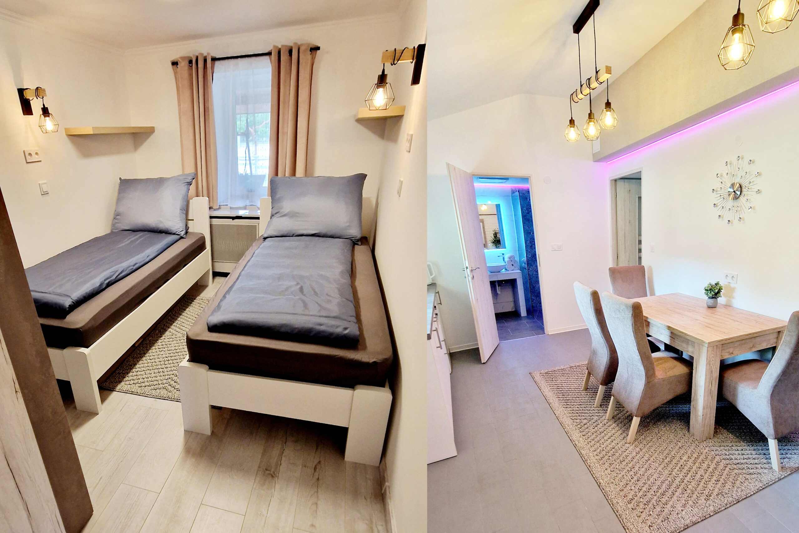 Az apartmanban két egyszemélyes ágy, fa étkezőasztal, függönyös ablak és három függesztett lámpa látható.