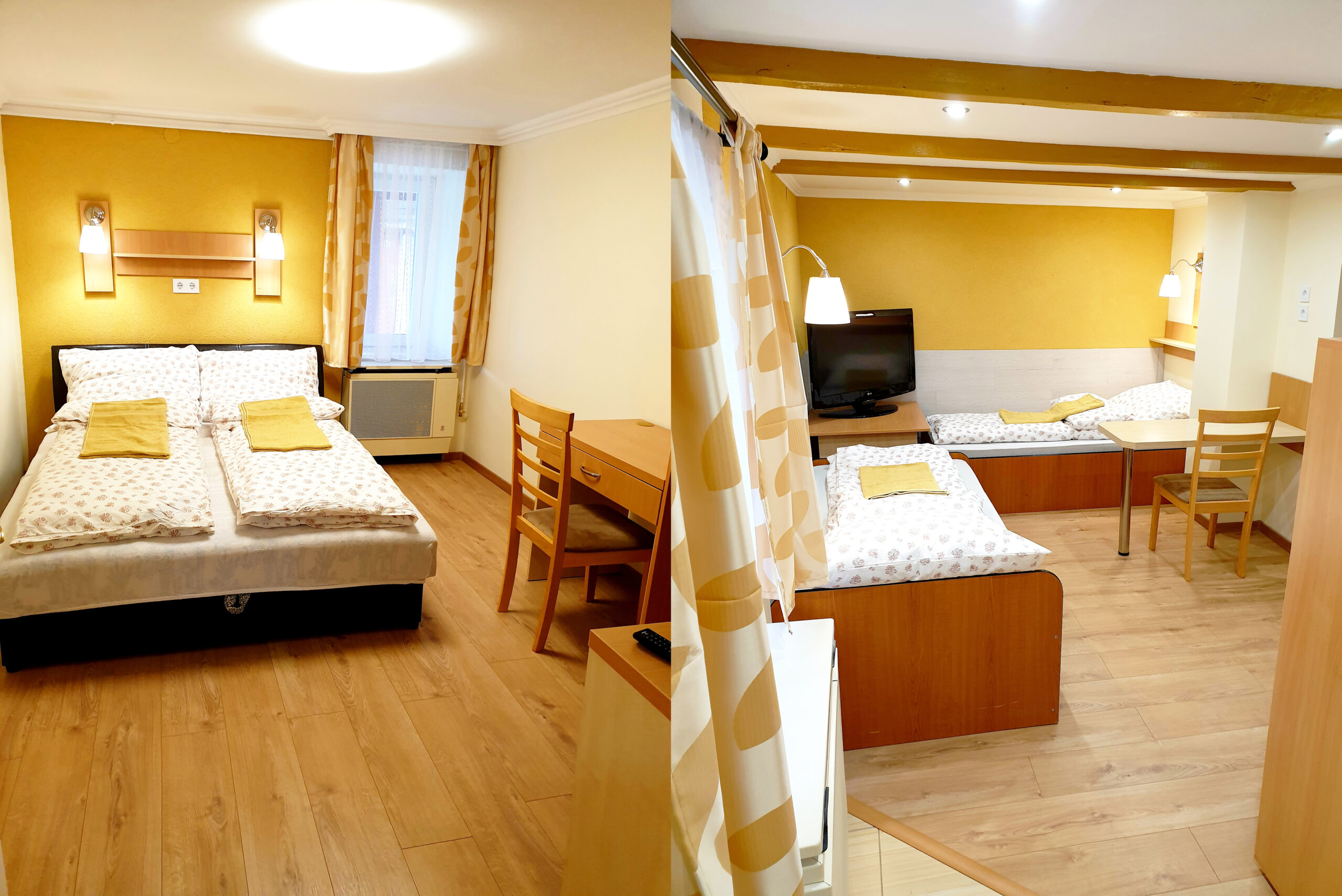Az apartmanban két külön ágy, étkezőasztal, komód és több piros szegélyű ablak látható.