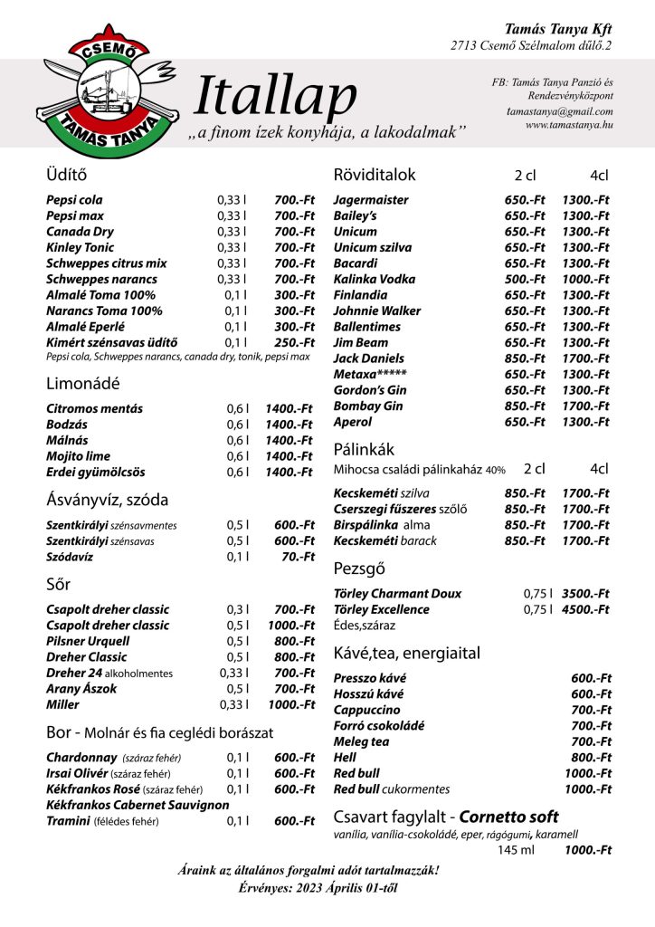 Az italárlistán üdítők, sörök, borok, pálinkák és kávé szerepelnek, az alján 2023-as érvényességi dátummal.