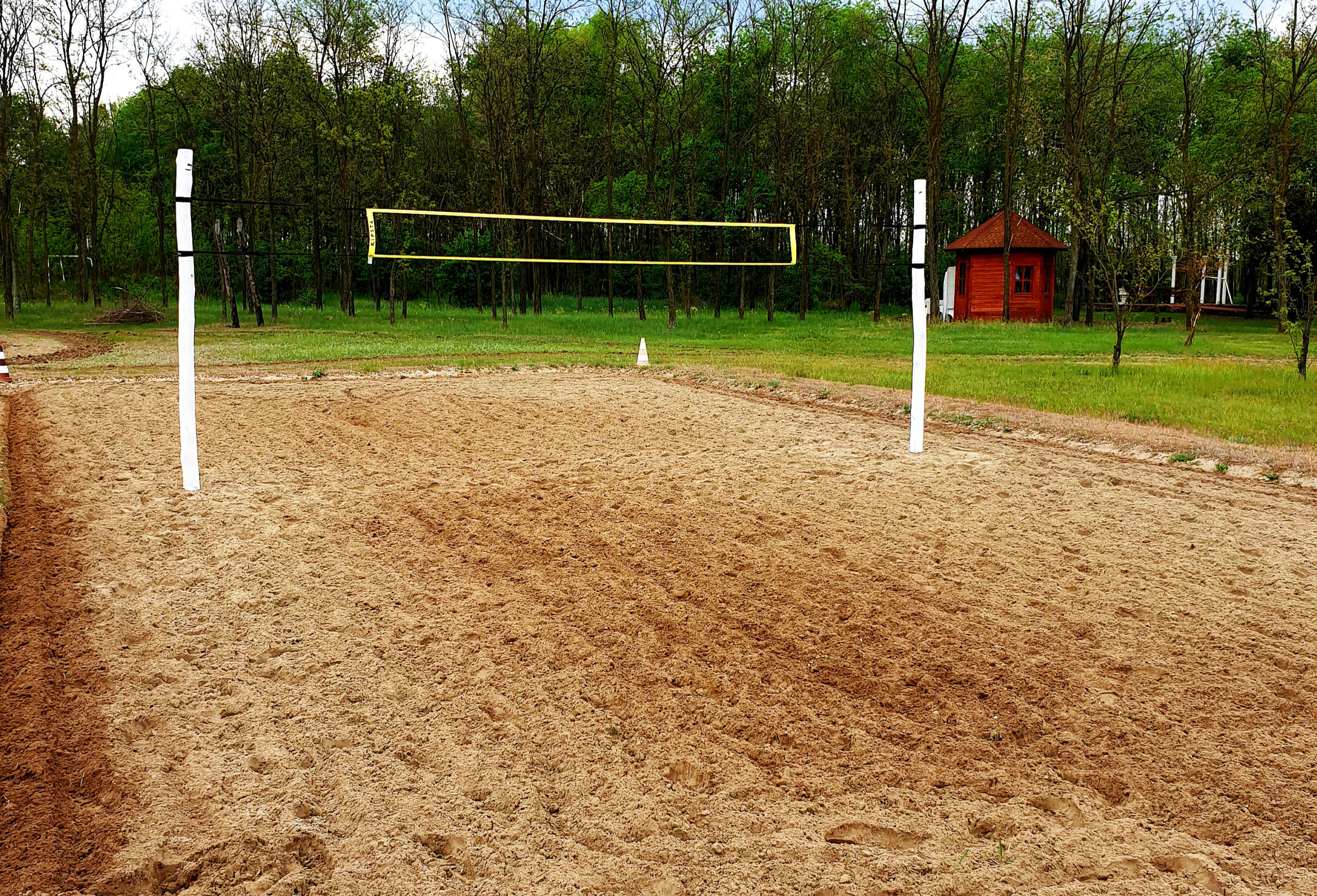 Homokos strandröplabda-pálya erdős környezetben.