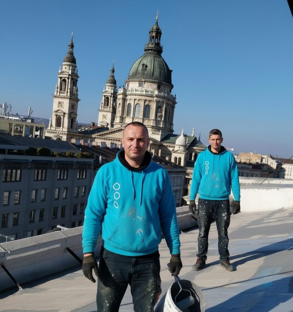 Flat roof waterproofing work viewed from above.