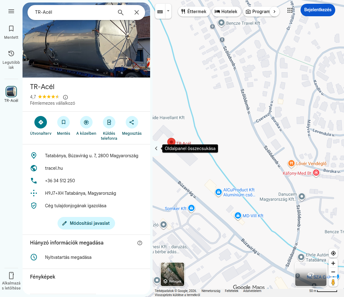TR-Acél Google cégprofil