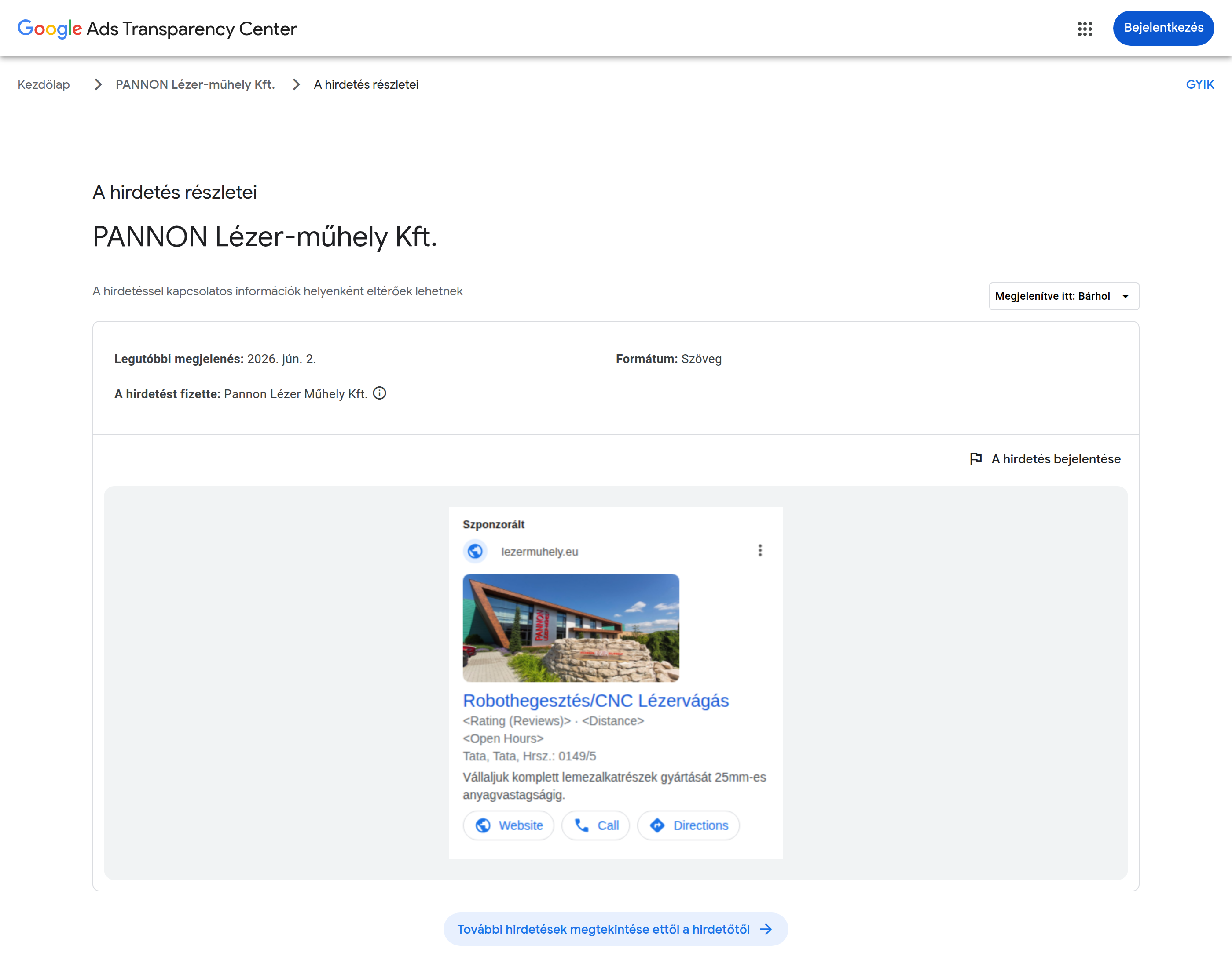 A Google Hirdetésátláthatósági Központ eredeti nézete, CR00529115386474397697