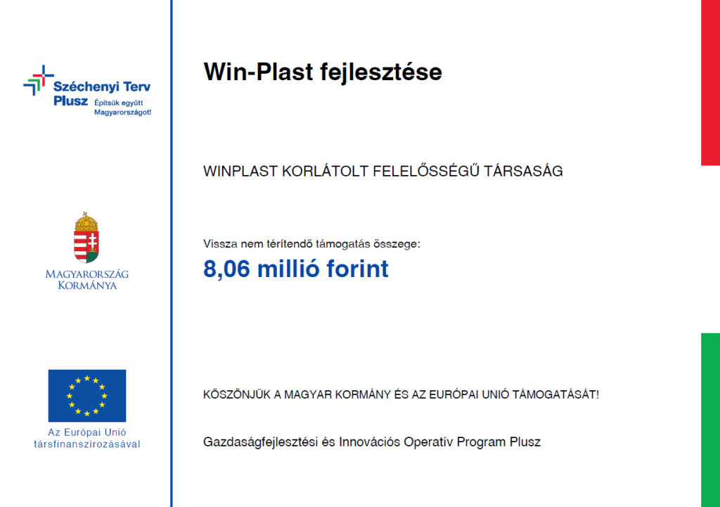 A képen egy fehér hátterű, piros és zöld oldalsó sávokkal tagolt támogatási tábla látható. Főcíme „Win-Plast fejlesztése”, a táblán a WINPLAST KORLÁTOLT FELELŐSSÉGŰ TÁRSASÁG neve és a 8,06 millió forint vissza nem térítendő támogatási összeg olvasható. A bal oldalon Széchenyi Terv Plusz, Magyarország Kormánya és az Európai Unió jelképei, a szövegben pedig a GINOP Plusz program megnevezése szerepel.