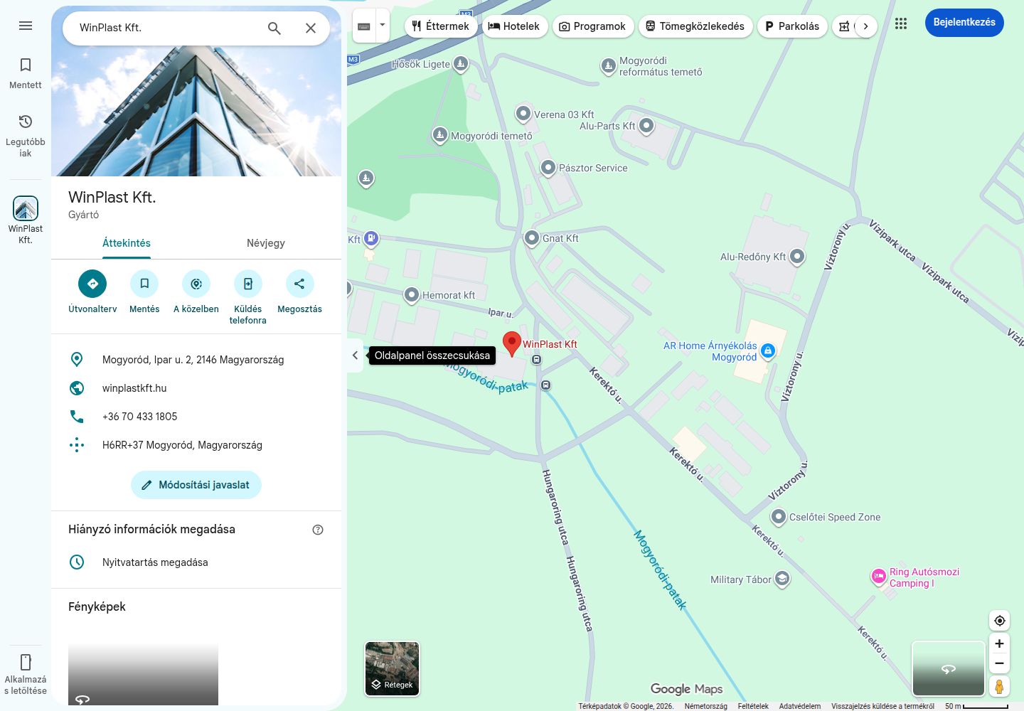 WinPlast Google Maps profil