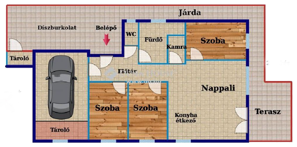 Color-coded floor plan with hungarian room labels and a garage at the upper left.