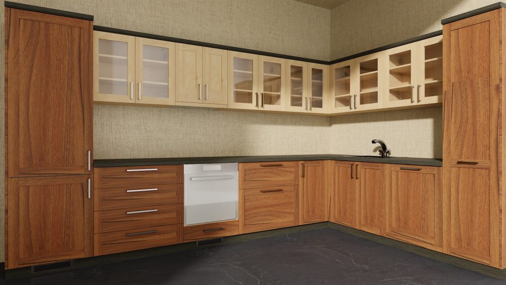 Corner kitchen render with medium wood fronts, upper cabinets and built-in oven.