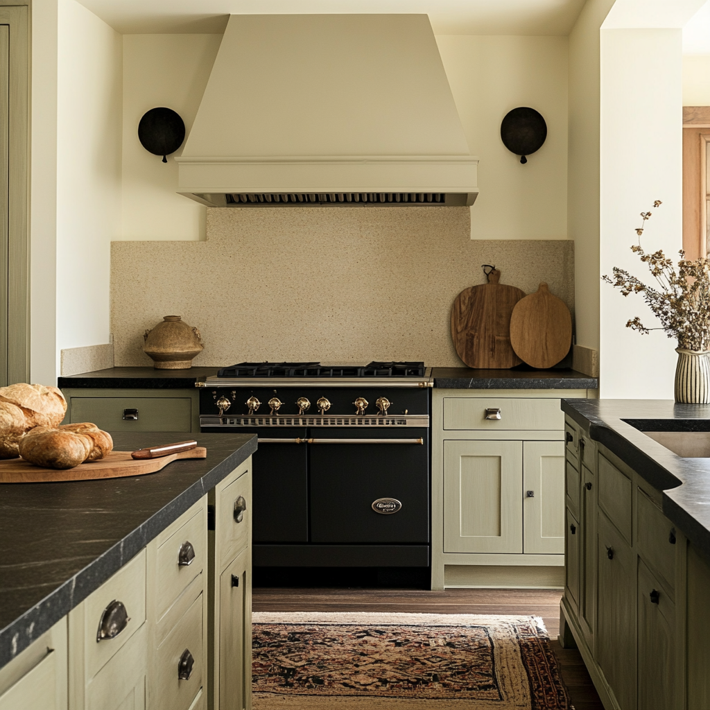 Dark blue and white kitchen with range.