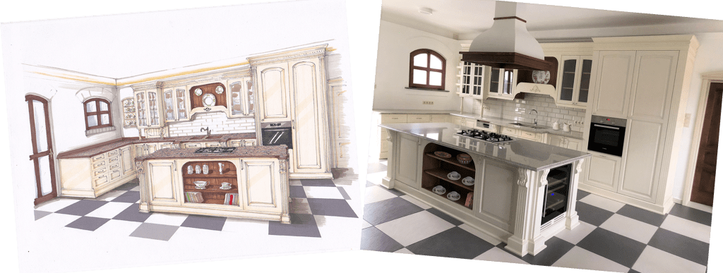 Side-by-side kitchen perspective renders with white cabinetry and a wood island.