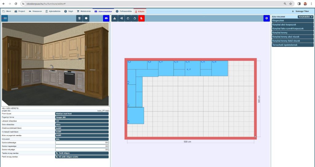 Browser-based kitchen planning interface with a blue grid and red outlined room.
